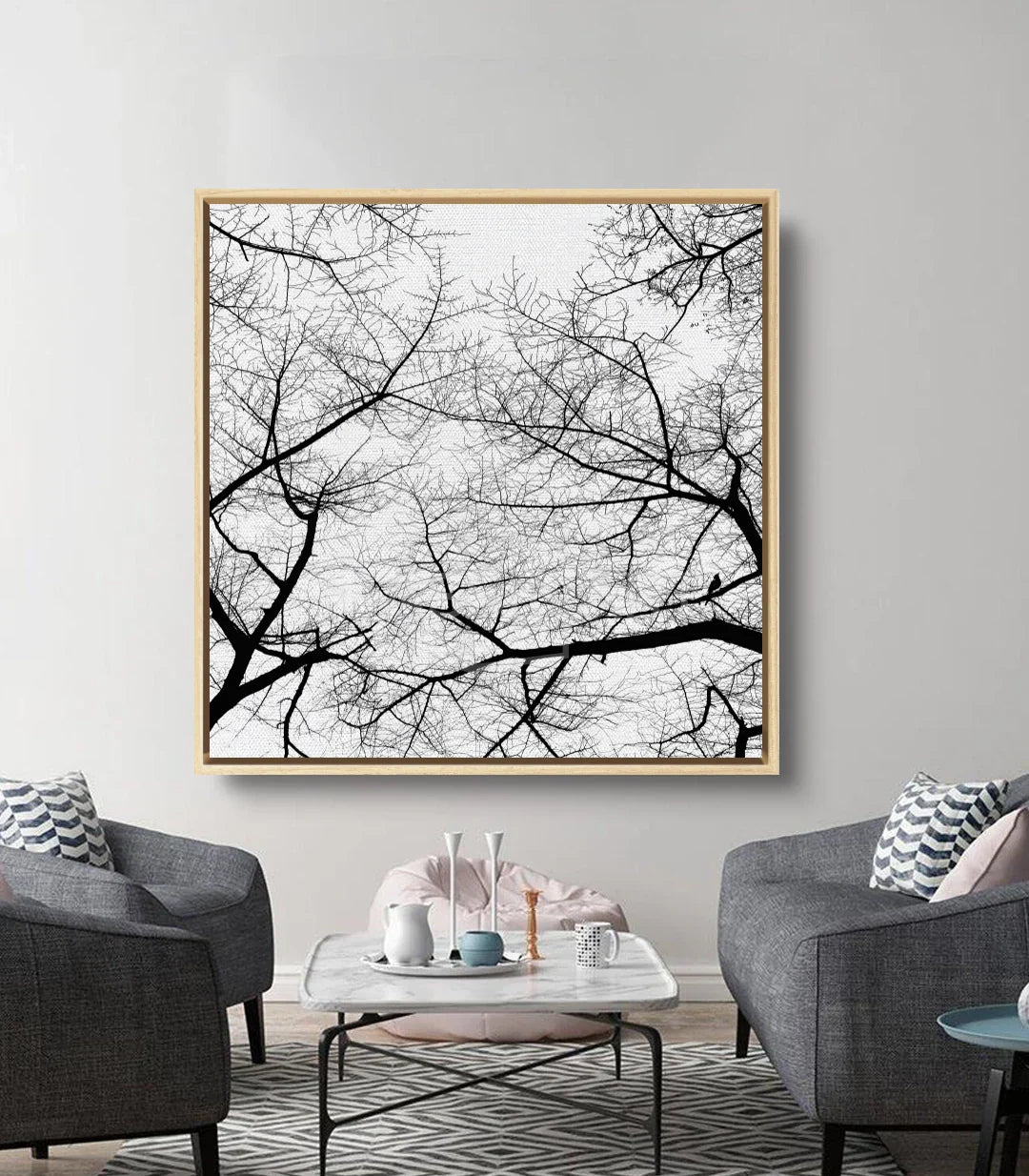 Cuadro Branches Fade Massinart en salón moderno — composición en negro y blanco