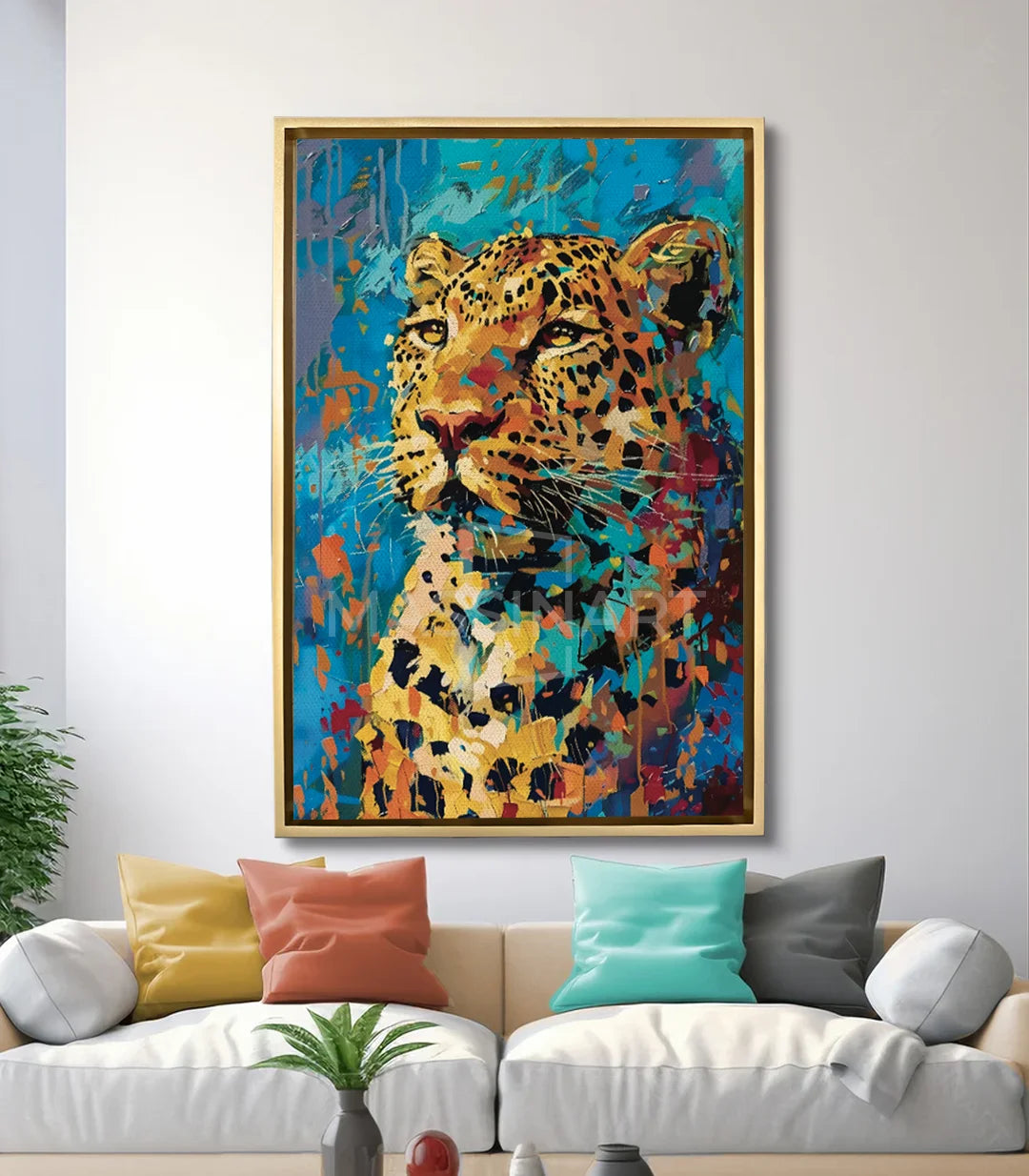 Cuadro leopardo en salón moderno decoración pared Massinart