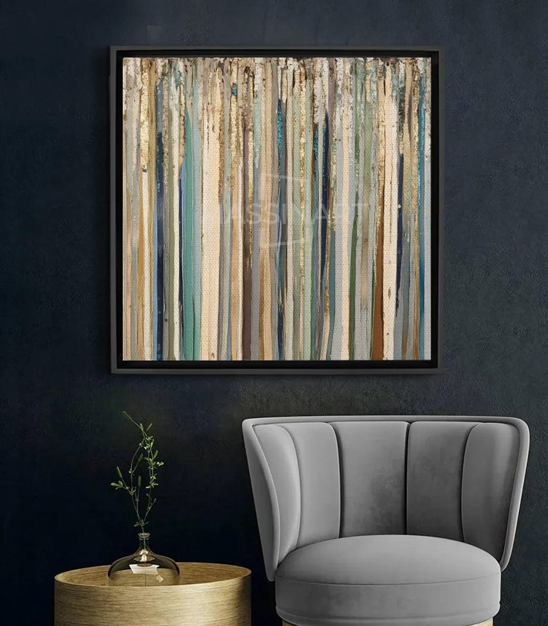 Cuadro Color Haze abstracto cuadrado con franjas verticales en tonos beige ocre y dorado — Massinart