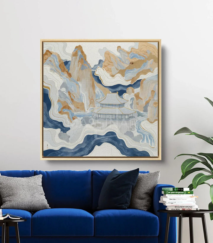 Detalle de cuadro paisaje asiático minimalista con contornos ondulantes en azul y terracota, Massinart