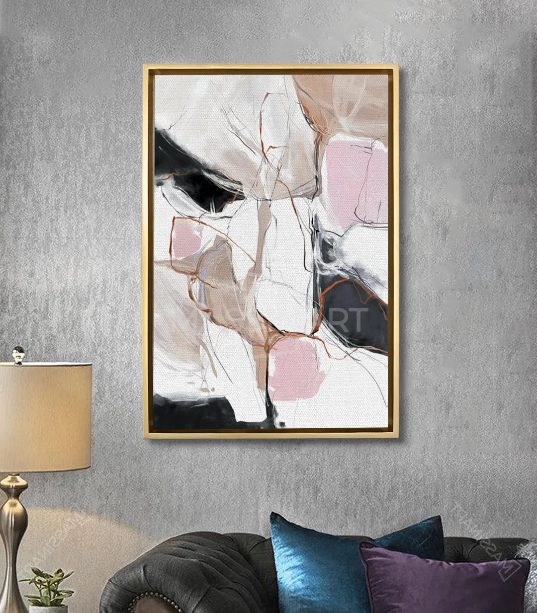 Cuadro Pink Touch en salón moderno con marco negro, decoración de pared contemporánea — Massinart
