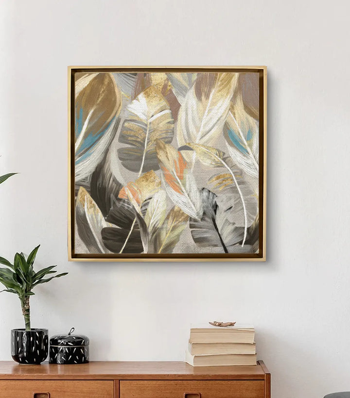 Ambientación salón moderno con cuadro de hojas doradas abstractas Massinart