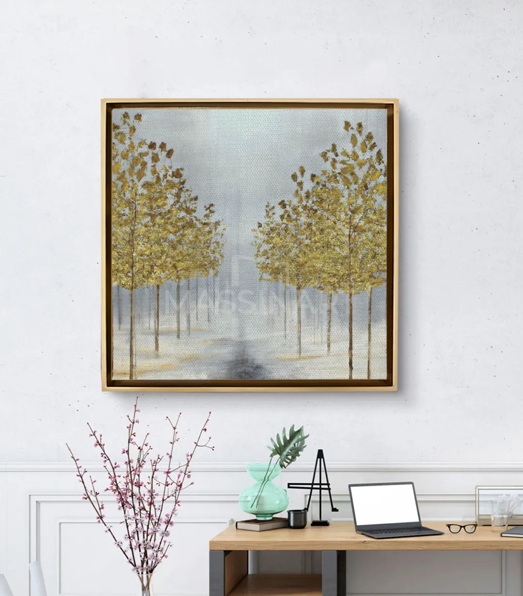Cuadro Single Road en salón moderno — decoración mural abstracta dorada