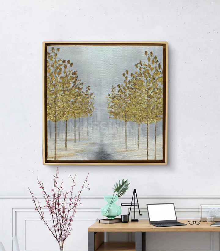 Cuadro Single Road en salón moderno — decoración mural abstracta dorada