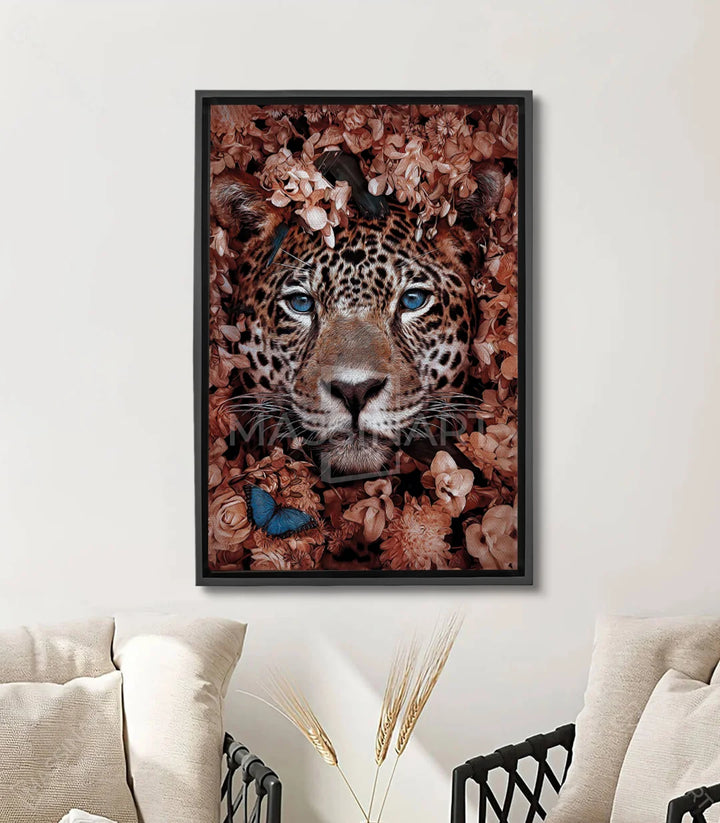 Cuadro Wild Jaguar retrato animal con ojos azules sobre fondo floral — Massinart