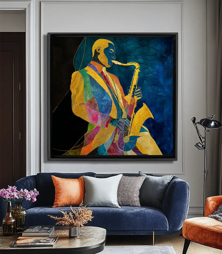 Cuadro Color Jazz Massinart — saxofonista multicolor amarillo y azul sobre fondo oscuro, estilo expresionista abstracto