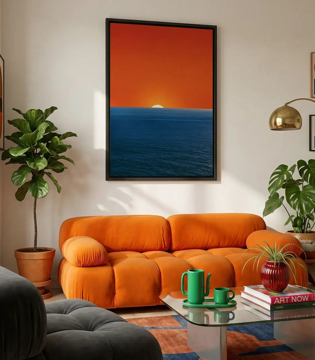 Cuadro minimalista Linear Sunset con horizonte al atardecer en azul y naranja, estilo geométrico abstracto