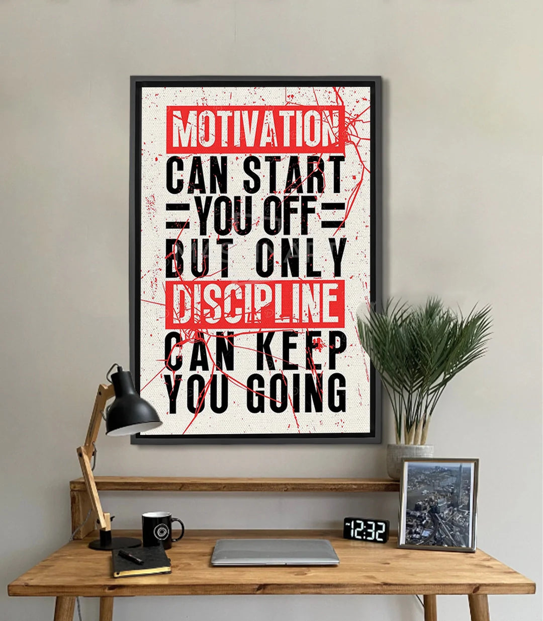 Cuadro tipográfico Discipline Over Motivation en rojo, negro y blanco — Massinart