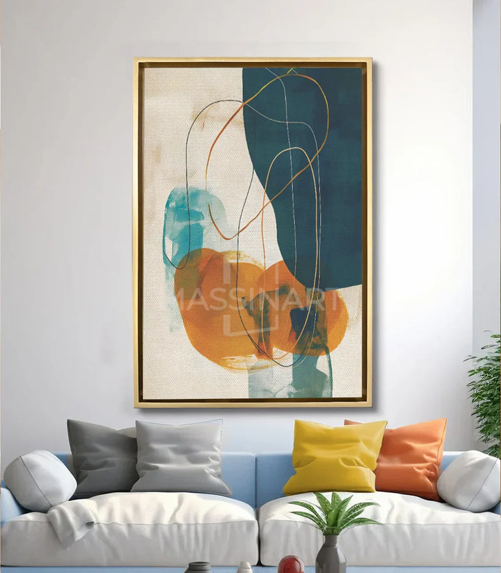 Cuadro Fluid Dynamics en salón moderno Massinart — lienzo abstracto sobre sofá contemporáneo