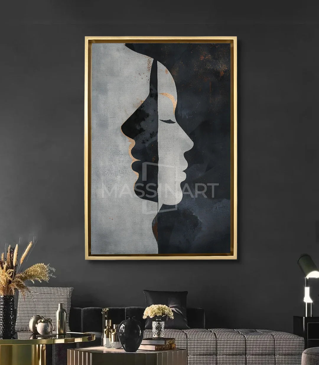 Cuadro Inward Gaze en salón moderno — decoración mural pared gris estilo contemporáneo