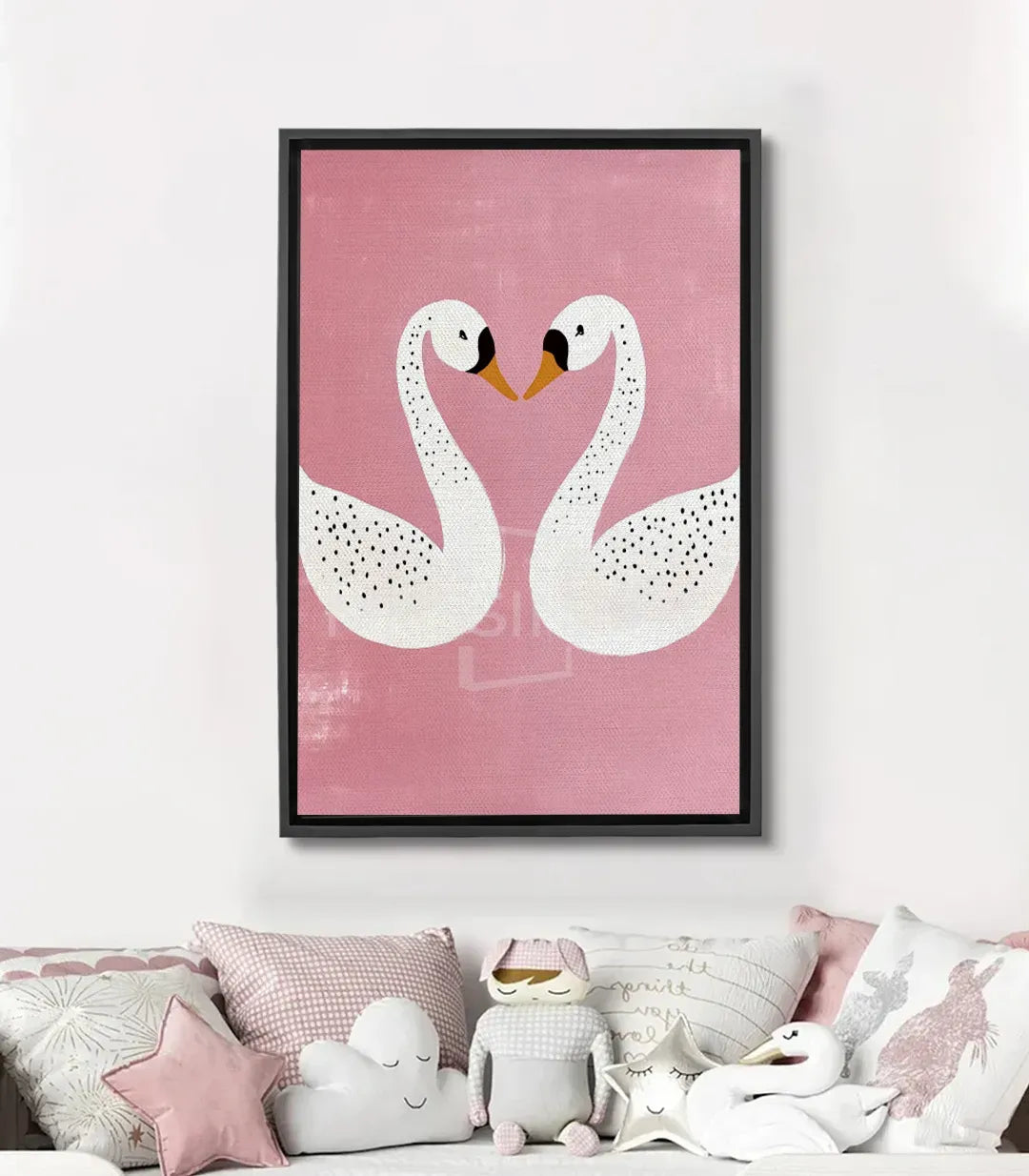 Cuadro Goose's Love — dos cisnes blancos formando un corazón sobre fondo rosa, estilo minimalista, Massinart