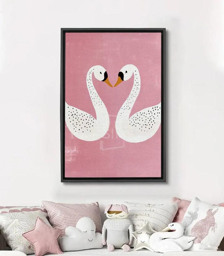 Cuadro Goose's Love — dos cisnes blancos formando un corazón sobre fondo rosa, estilo minimalista, Massinart