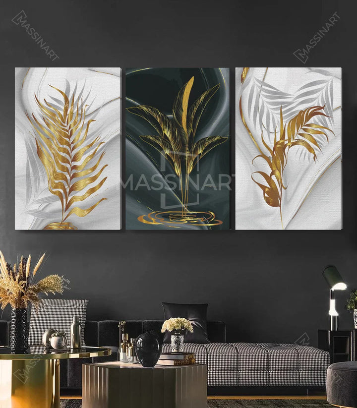Tríptico hojas de bananero en salón moderno negro — decoración de pared Massinart