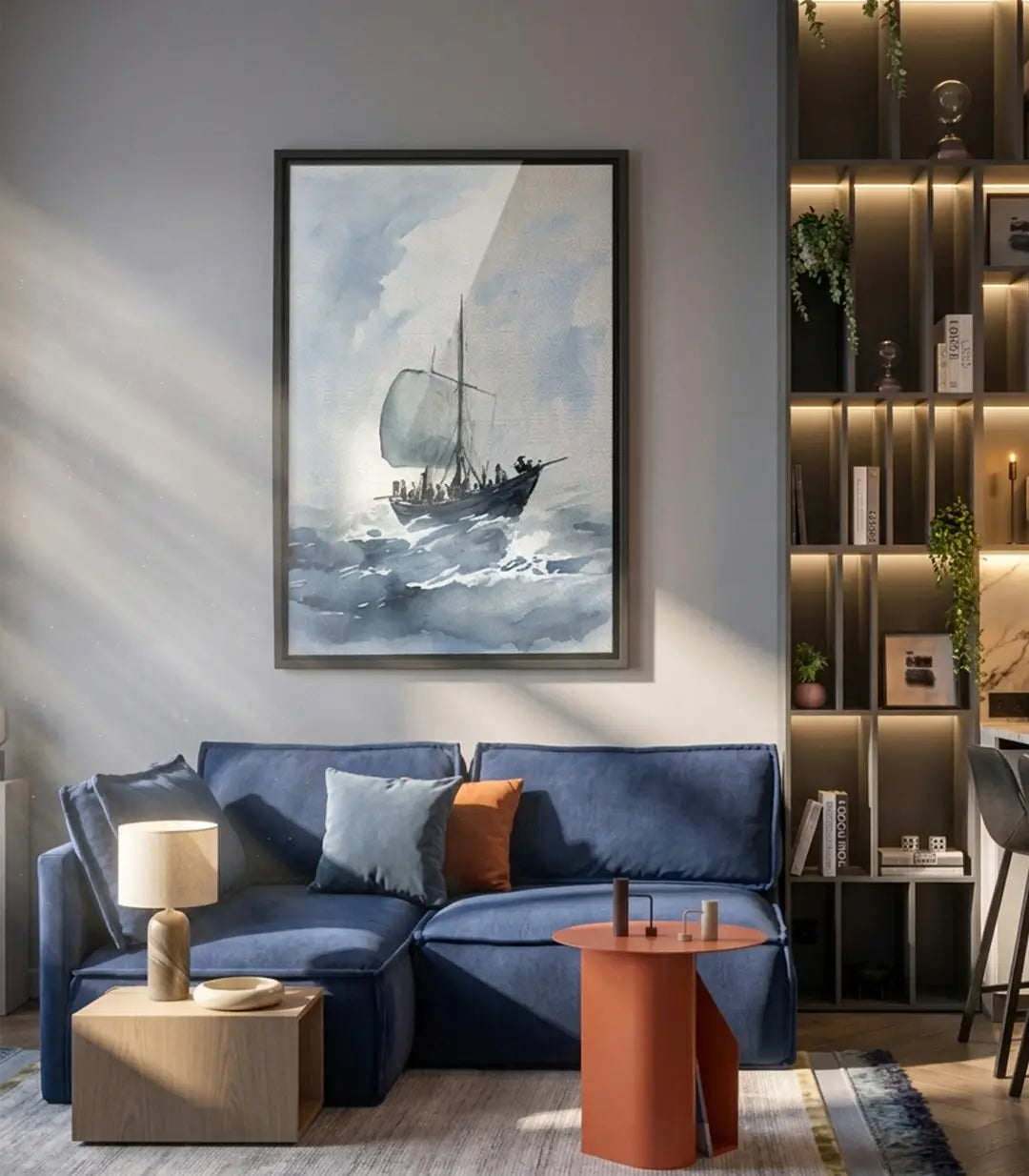 Cuadro Gale Voyage velero en tormenta acuarela azules Massinart