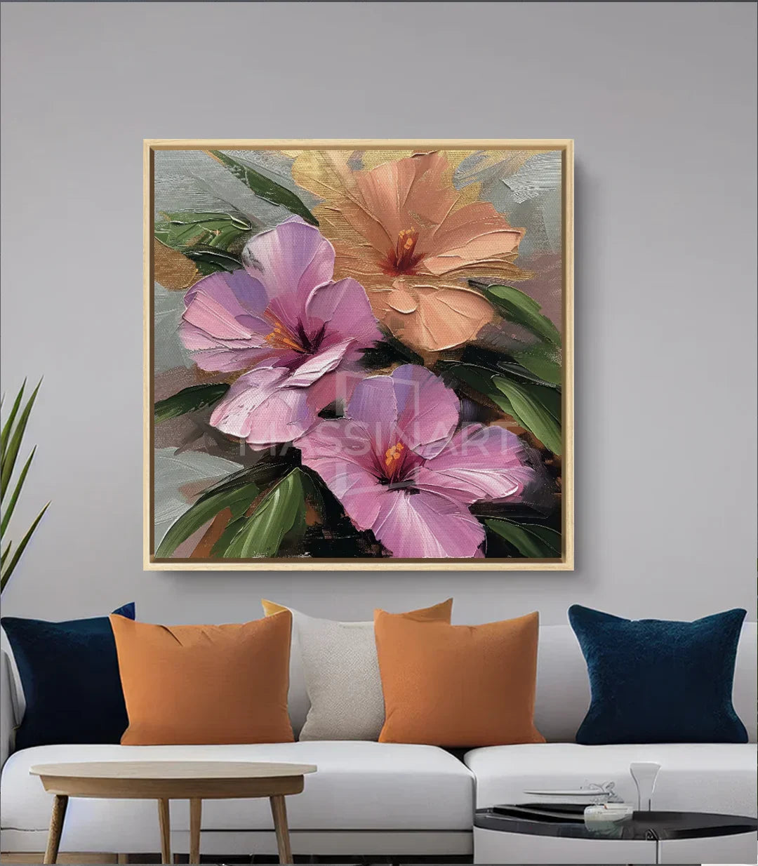 Cuadro Blushing Petals Massinart — cuadro floral en interior contemporáneo
