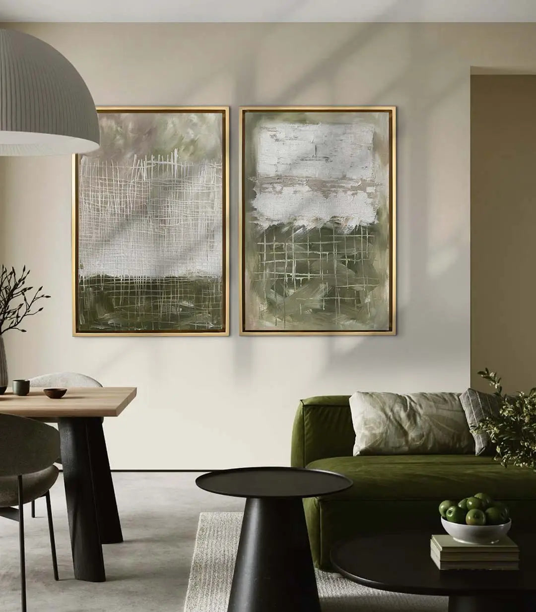 Cuadro Doodle en salón moderno con sofá verde, Massinart