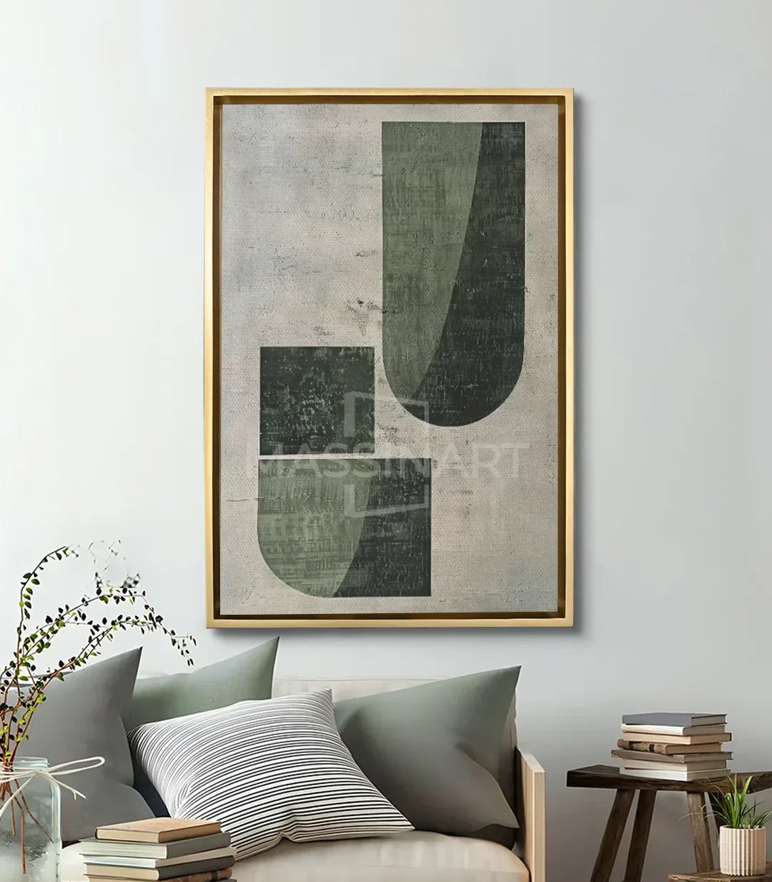 Cuadro Green Forms en un salón moderno — decoración de pared minimalista