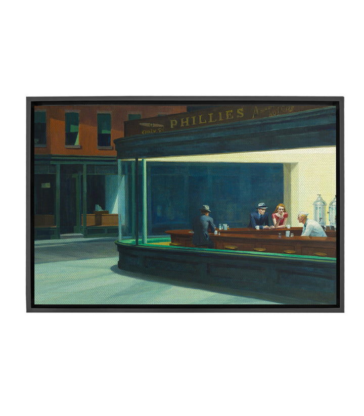 Cuadro Nighthawks de Edward Hopper — escena de café nocturno con tonos verde y amarillo, personajes solitarios, Massinart
