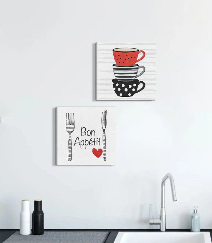 Cuadro minimalista con tenedor, cuchillo y corazón rojo — serie Bon Appétit