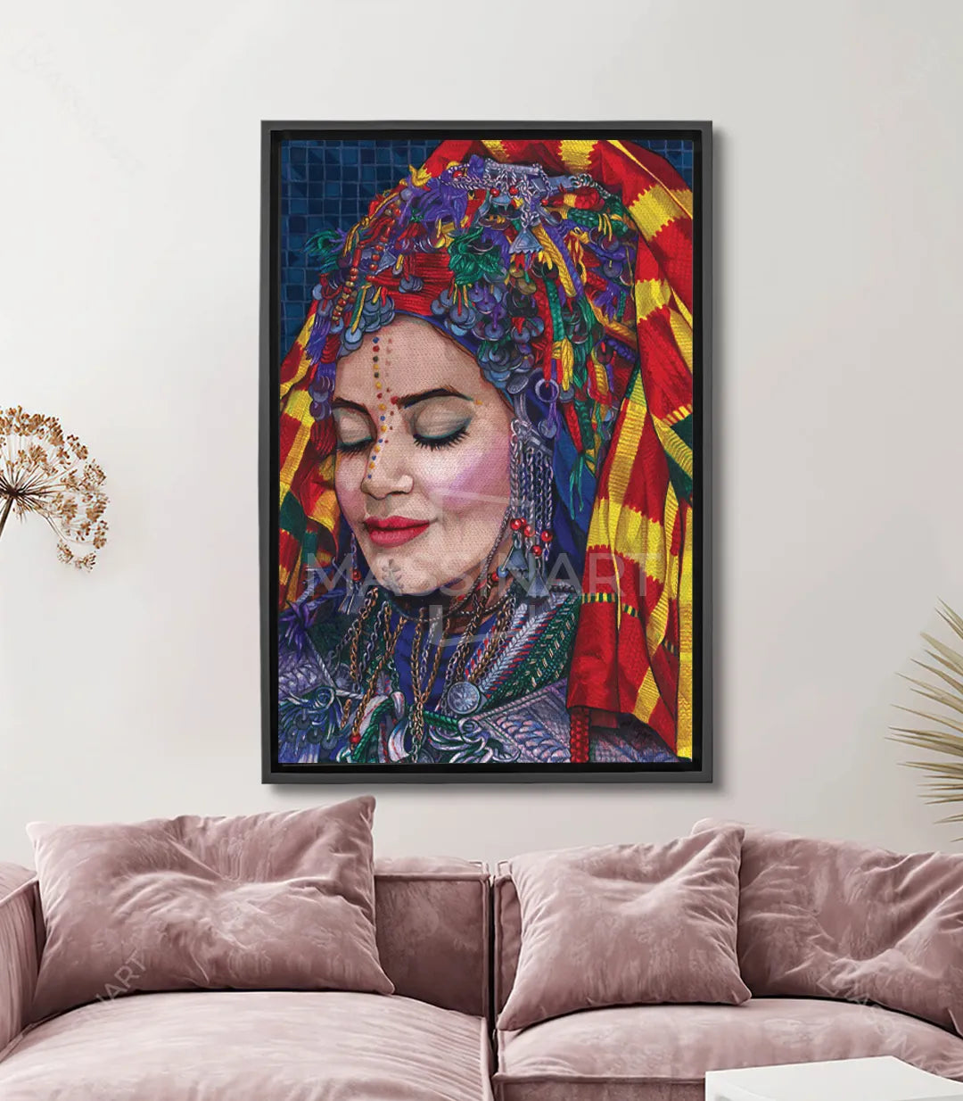 Cuadro retrato mujer bereber con vestimenta tradicional en rojo, amarillo y azul — Massinart
