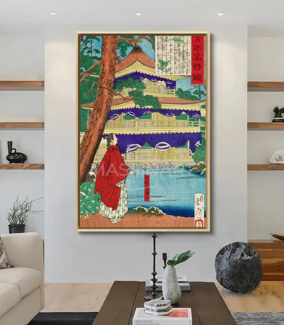 Cuadro Golden Pavilion en interior contemporáneo, decoración mural asiática en lienzo canvas