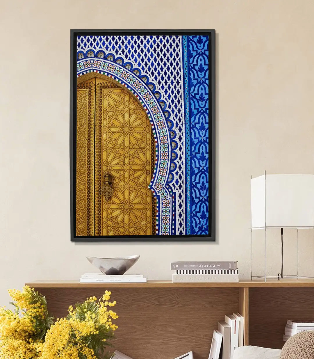 Cuadro Golden Mosaic con motivos geométricos islámicos en dorado y azul, estilo zellige marroquí — Massinart