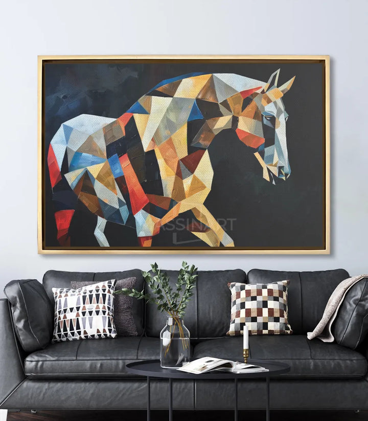 Cuadro de caballo geométrico sobre sofá negro en salón moderno, decoración contemporánea, Massinart