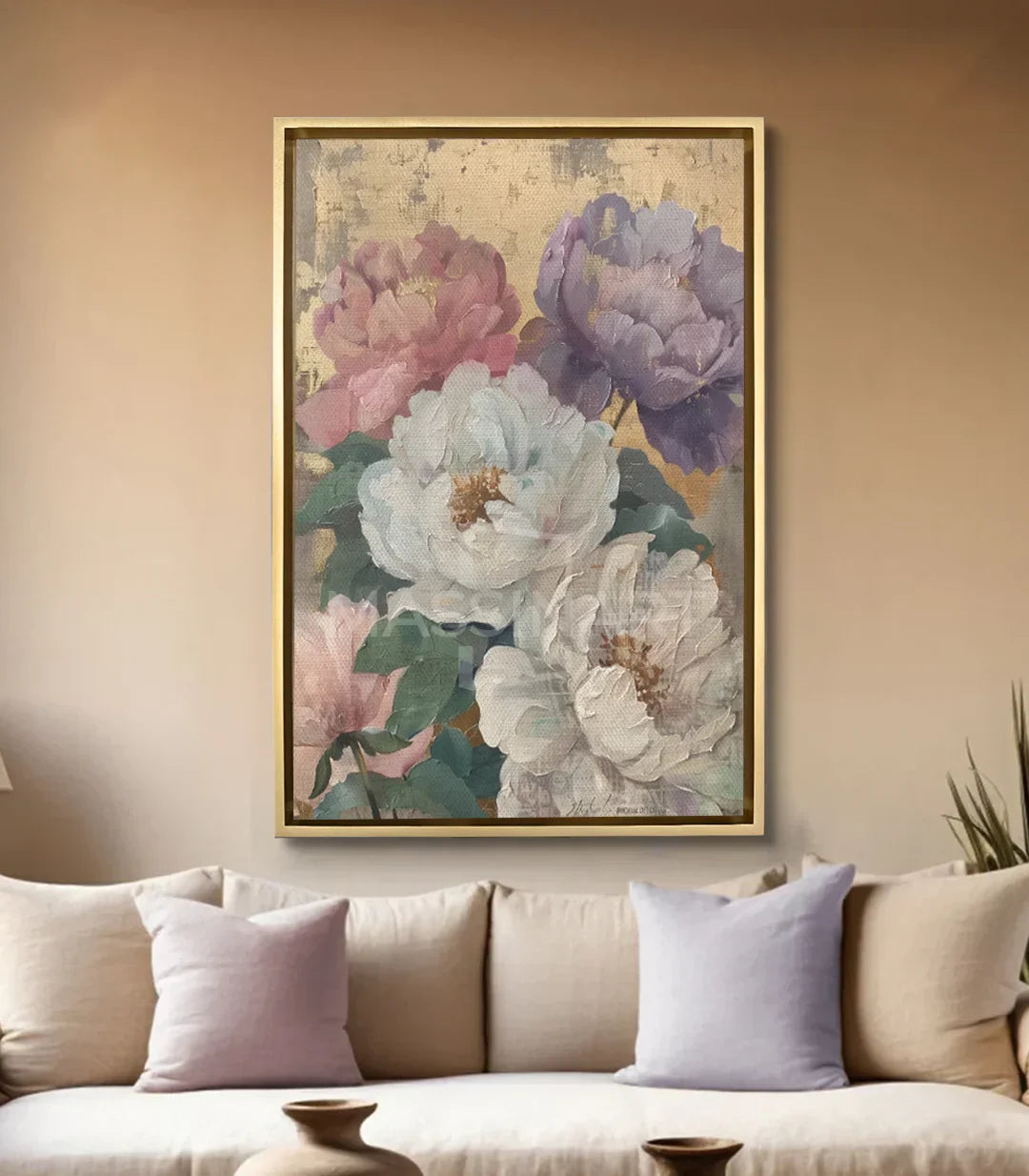 Cuadro Prosperity Massinart — ambientación en salón moderno con decoración floral