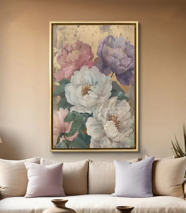 Cuadro Prosperity Massinart — ambientación en salón moderno con decoración floral