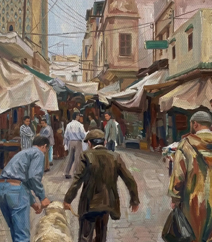 Primer plano de la impresión de alta resolución del cuadro Souk Motion, detalle de colores y texturas