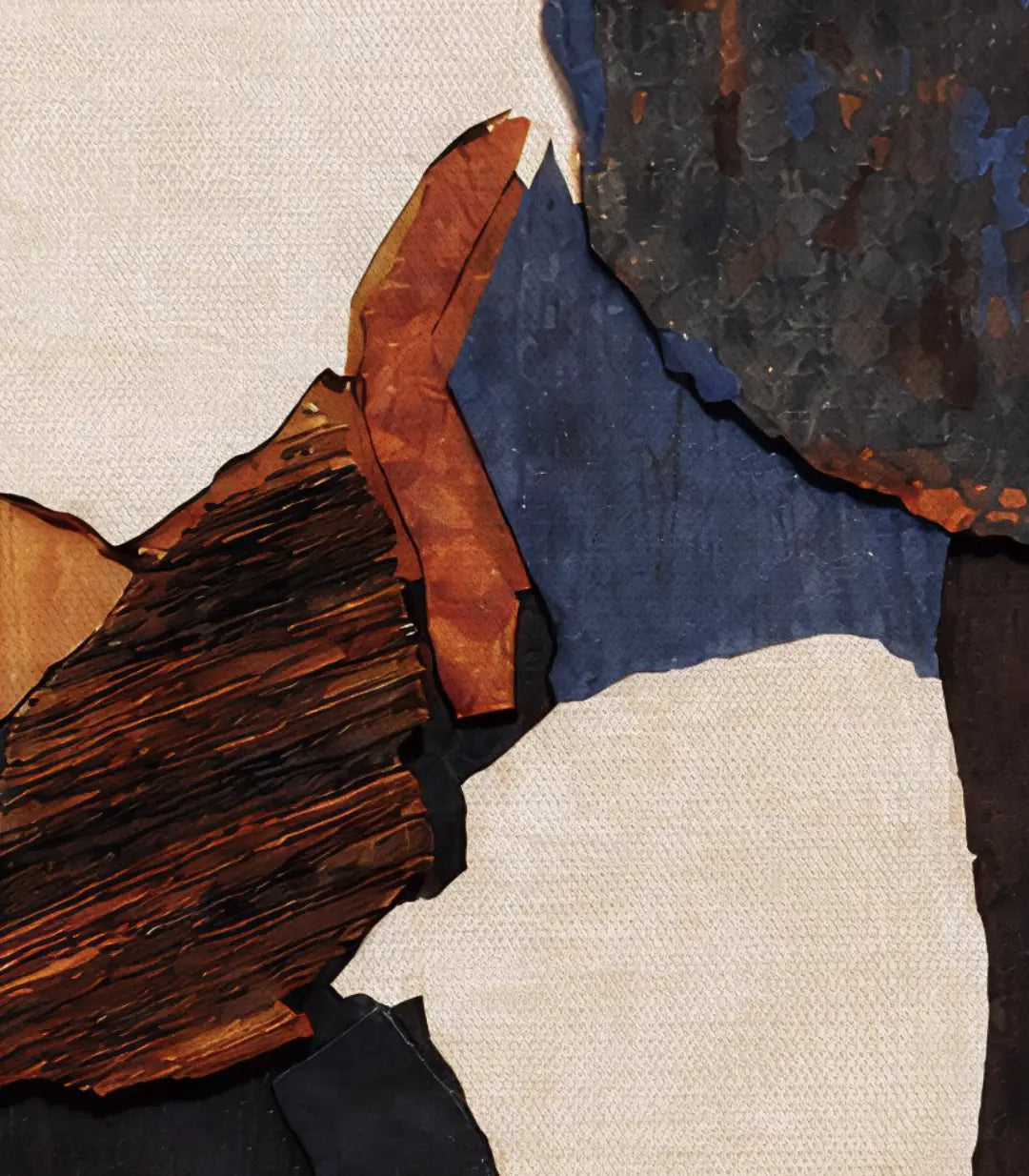 Detalle composición geométrica Cobalt Rust, paleta azul cobalto y terracota, creación Massinart