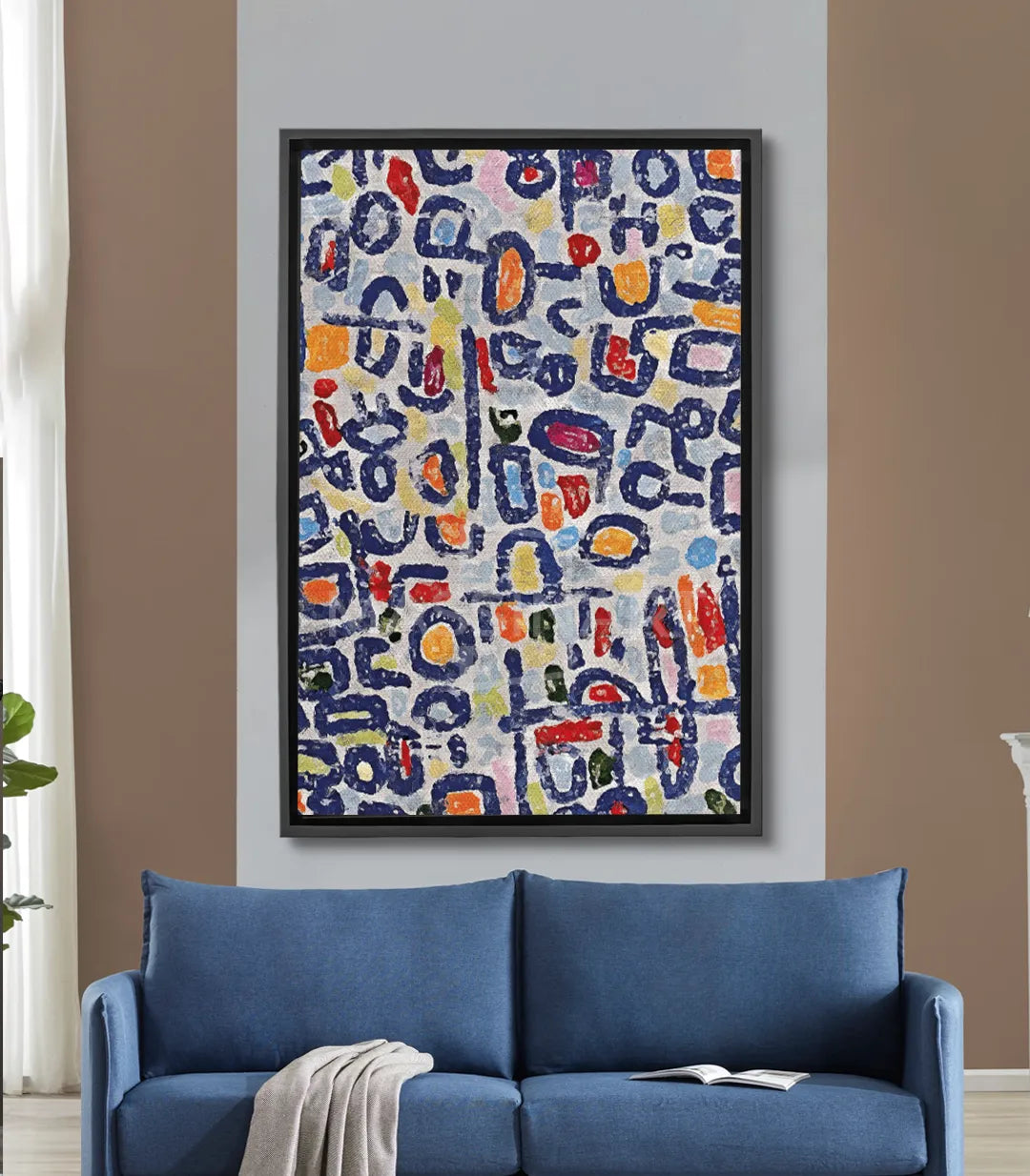 Cuadro abstracto expresionista con formas geométricas multicolores en azul, rojo y naranja — Massinart