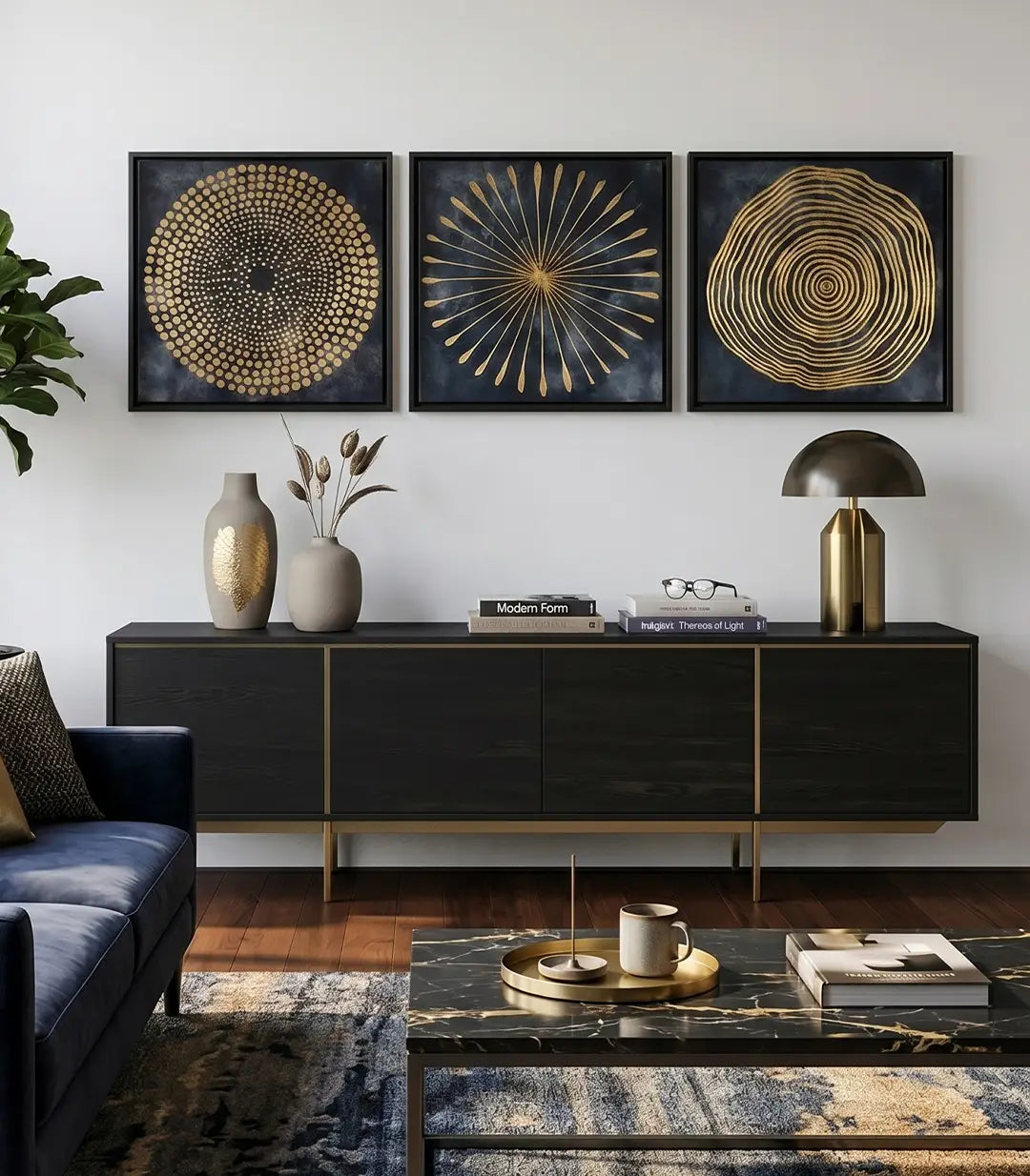 Tríptico abstracto con destellos dorados sobre fondo oscuro, estilo contemporáneo para salón moderno