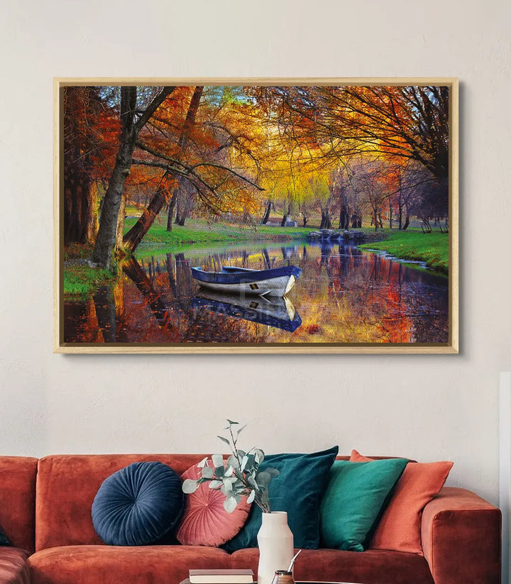 Decoración interior con paisaje lacustre otoñal, cuadro Massinart