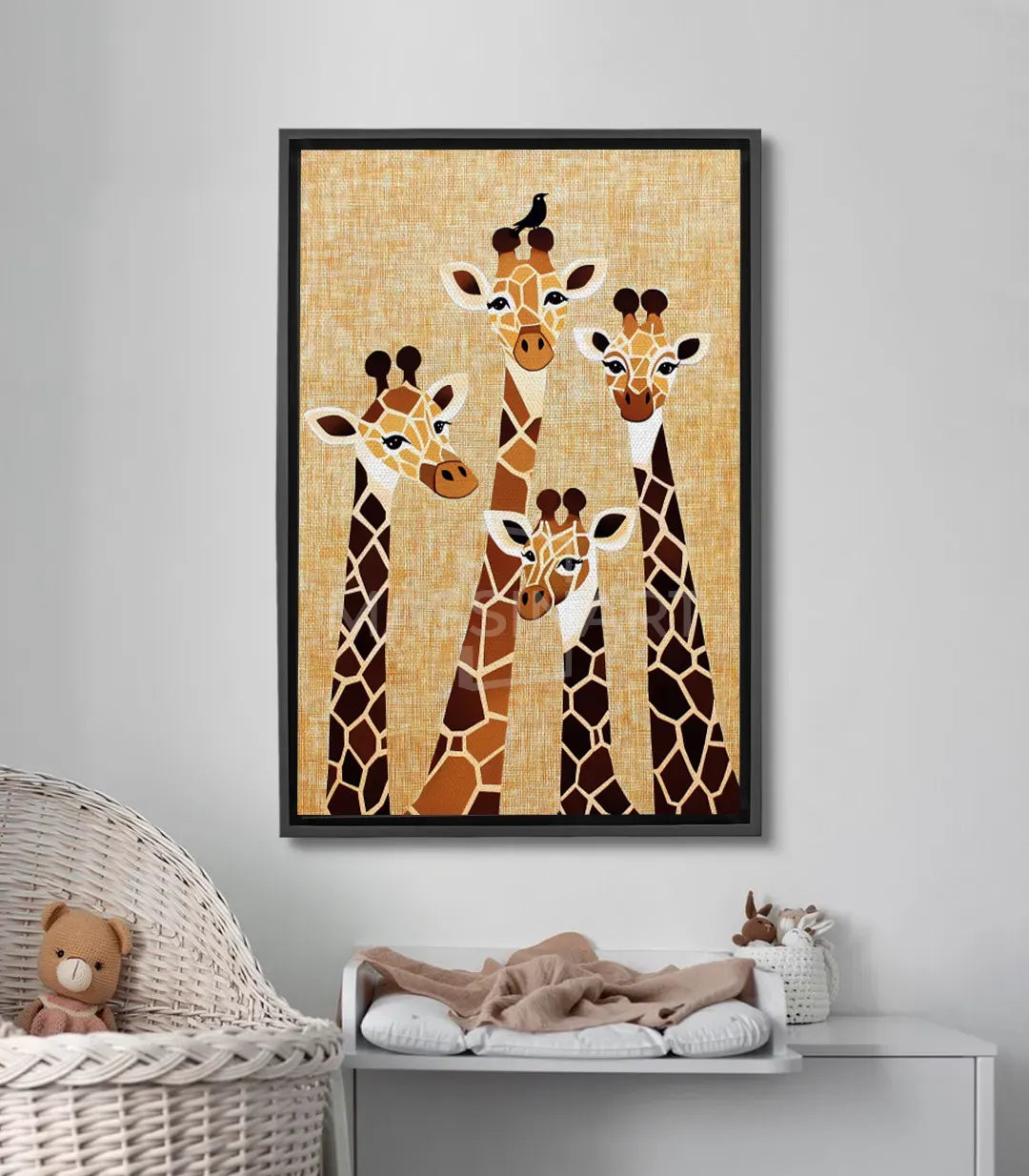 Cuadro de jirafas Massinart — familia de jirafas en tonos marrones y beige sobre fondo texturizado, estilo contemporáneo