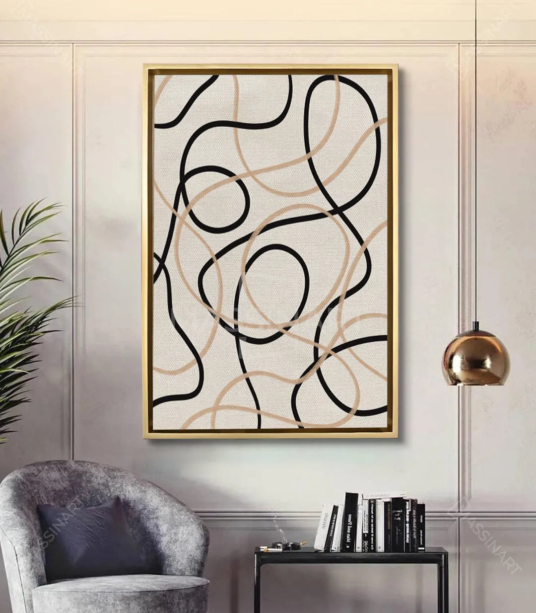 Cuadro Sketch en salón moderno con sillón gris, decoración de pared estilo minimalista — Massinart