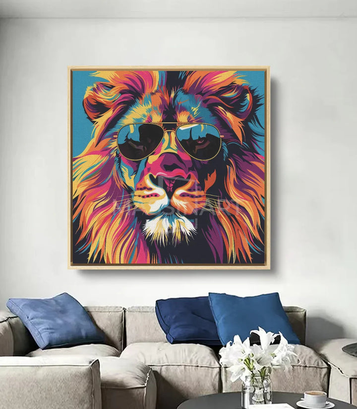 Decoración interior con cuadro de león street-art estilo pop-art