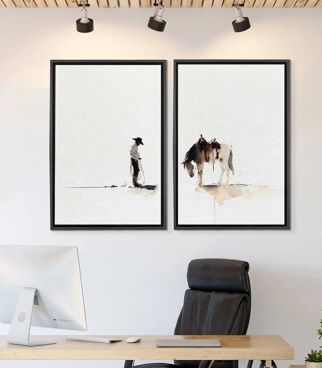 Cuadro Western Bond díptico — caballo y cowboy en acuarela minimalista Massinart
