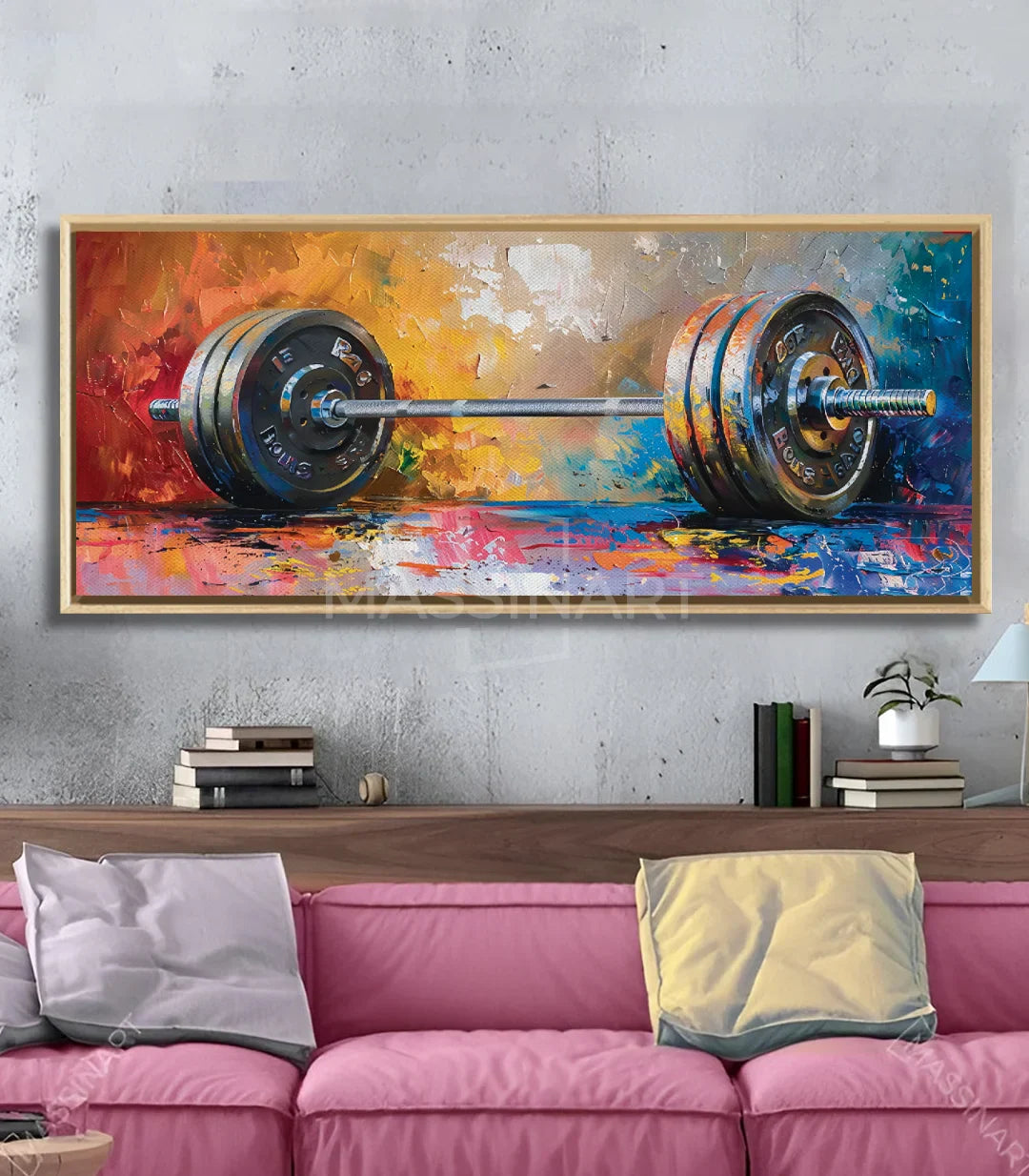 Cuadro Barbel mancuernas coloridas decoración pared gris salón Massinart