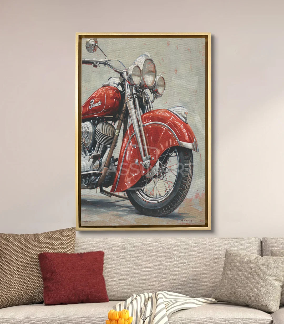 Cuadro moto retro Massinart — composición en salón moderno