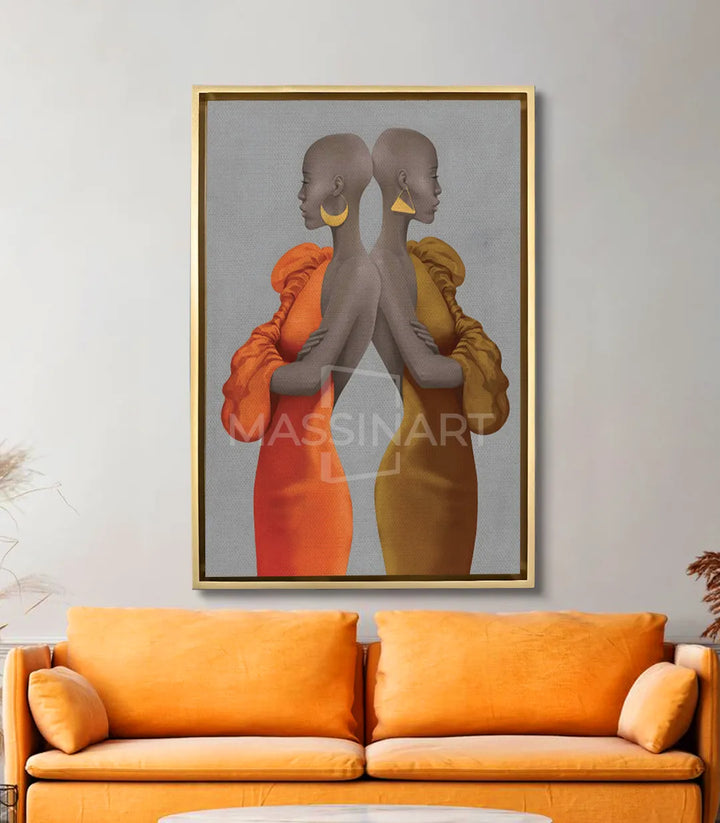 Cuadro Twins en salón moderno — decoración de pared con retrato figurativo africano, Massinart