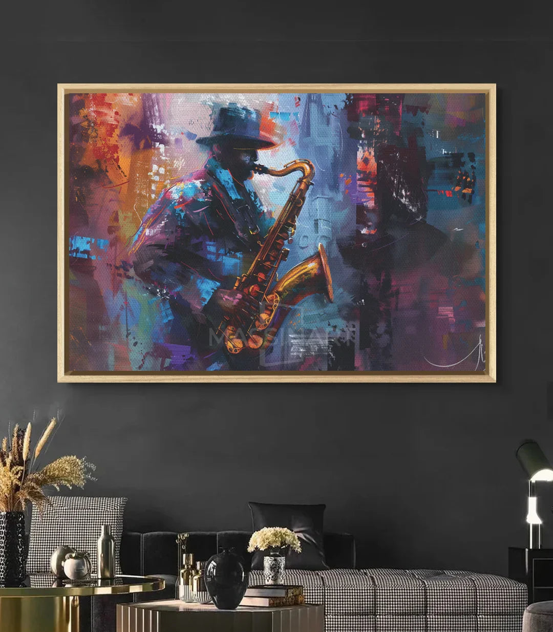 Cuadro saxofonista expresionista decoración interior contemporánea Massinart