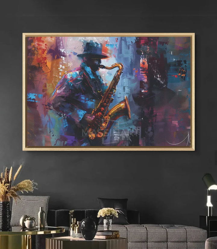 Cuadro saxofonista expresionista decoración interior contemporánea Massinart