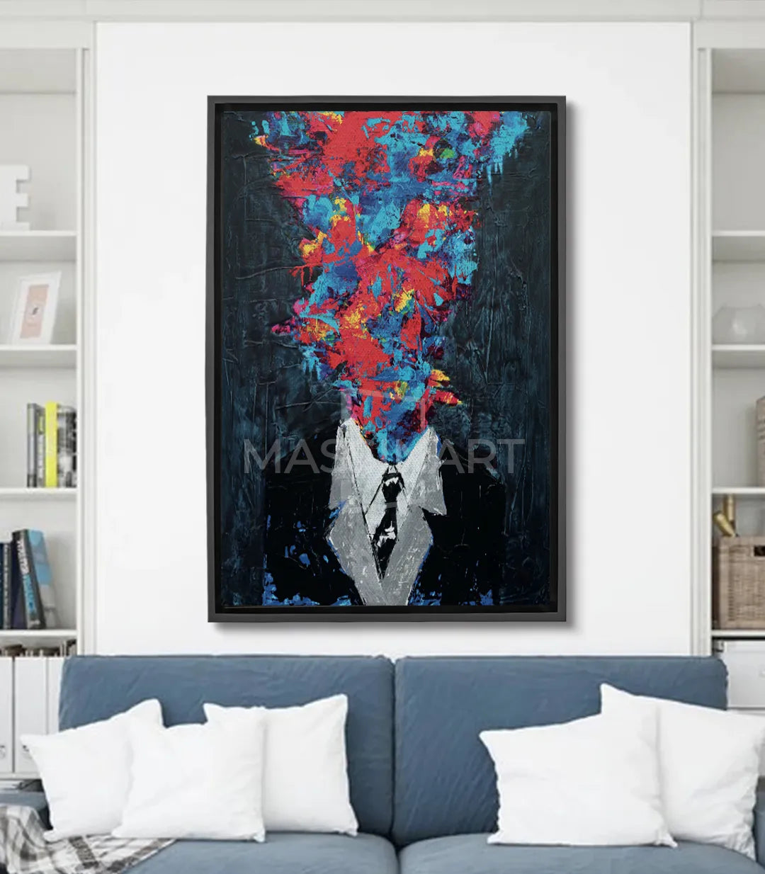 Cuadro Chaos of Thoughts — retrato abstracto expresionista con explosión de colores rojo, azul y amarillo sobre fondo negro, Massinart