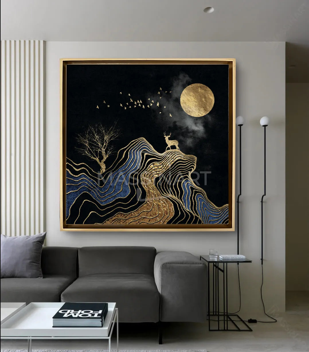Cuadro Golden Full Moon en salón moderno gris, decoración pared contemporánea — Massinart