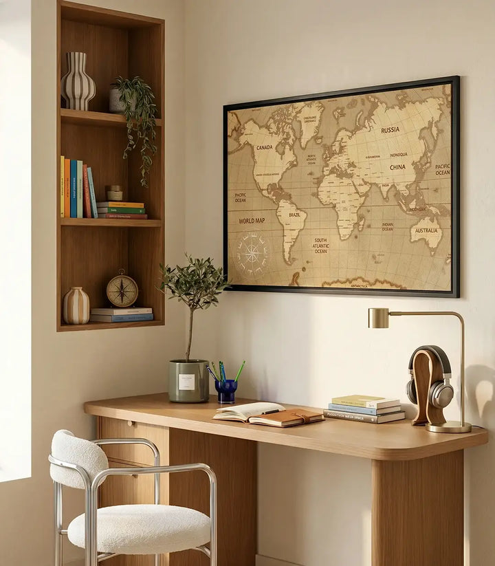 Detalle del mapamundi vintage con cartografía clásica y tipografía en inglés sobre lienzo de algodón