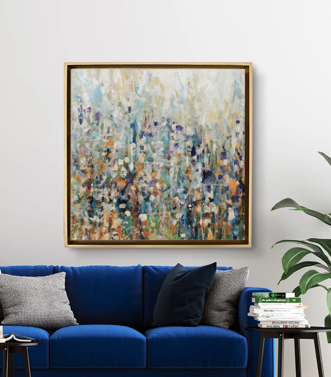 Cuadro Motly en salón moderno sobre sofá azul, decoración contemporánea, Massinart