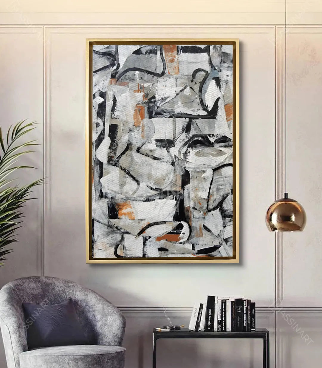 Cuadro Inkflow Fusion en salón moderno — decoración mural contemporánea en negro y gris, Massinart