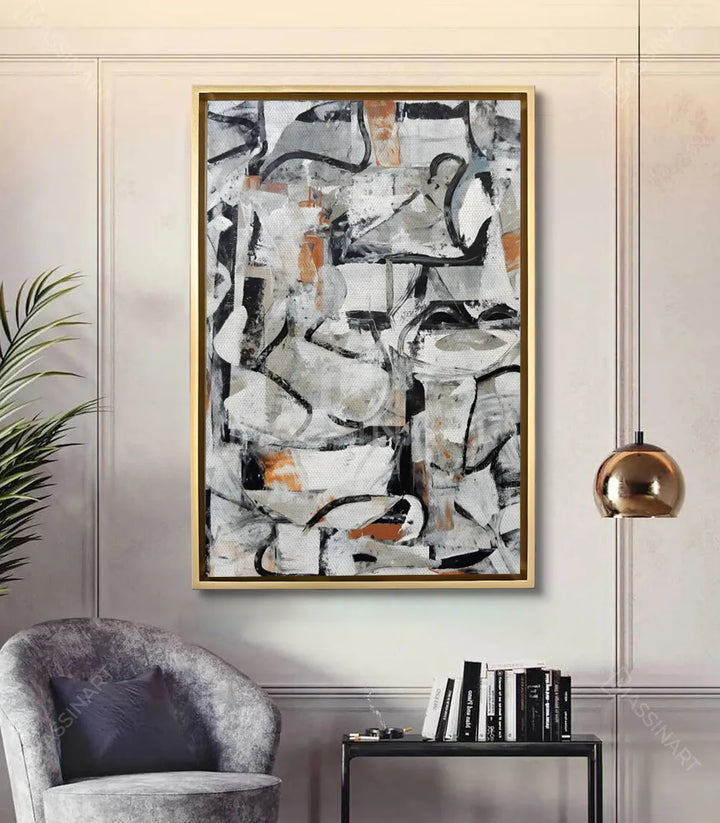 Cuadro Inkflow Fusion en salón moderno — decoración mural contemporánea en negro y gris, Massinart