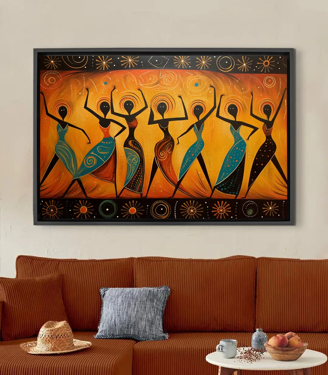 Cuadro Tribal Dance — siluetas negras de siete mujeres danzando sobre fondo naranja dorado con motivos geométricos azules y rojos, arte africano Massinart